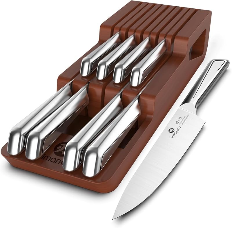 imarku 10 PCS Stainless Steel Drawer Knife Set with Wooden Organizer — Pans, knives, coffee gear, and kitch for pans