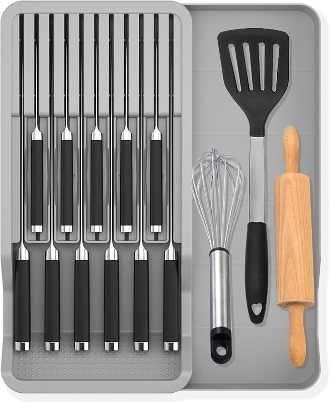 Expandable Drawer Knife Insert Organizer - Plastic Knife Storage Tray for Kitchen Drawers, Adjustable to Fit 11 Knives