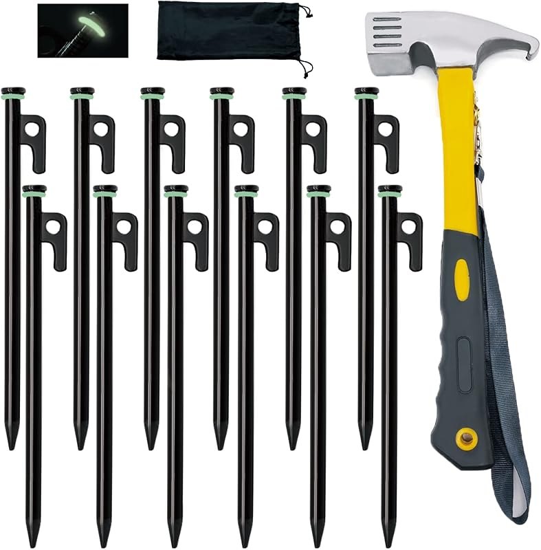 8/12/16Pack Tent Stake with Hammer, 8/10/12/16in Heavy Duty Tent Stakes + 10in Camping Hammer+Storage Pouch, Forged