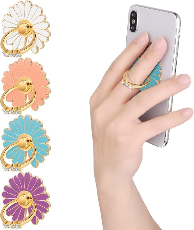cobee Cell Phone Ring Holders, 4 Pcs Cute Daisy Finger Kickstands Metal Round 180°/360° Rotation Hand Grip with Knob