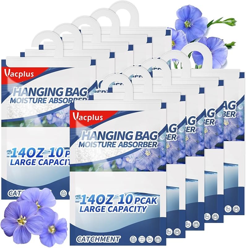 10 Pack, Vacplus Moisture Absorbers, Hanging Closet Dehumidifier Bags, Humidity Packs, Desiccant, with Linen