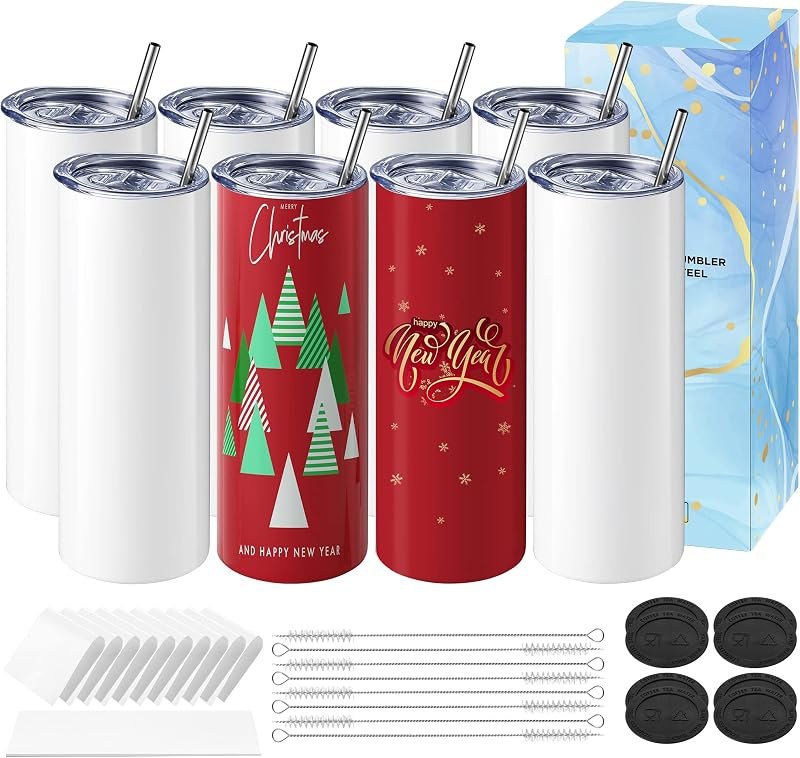 8 Pack Sublimation Tumblers Blank 20 oz Straight Skinny with Sublimation Papers, Lids and Straws, Shrink Wrap Films