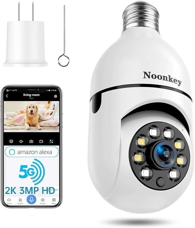 Noonkey 2K/3MP Light Bulb Security Camera, 5G& 2.4GHz WiFi Alexa E27 360° Light Socket Camera for Outdoor, Wireless