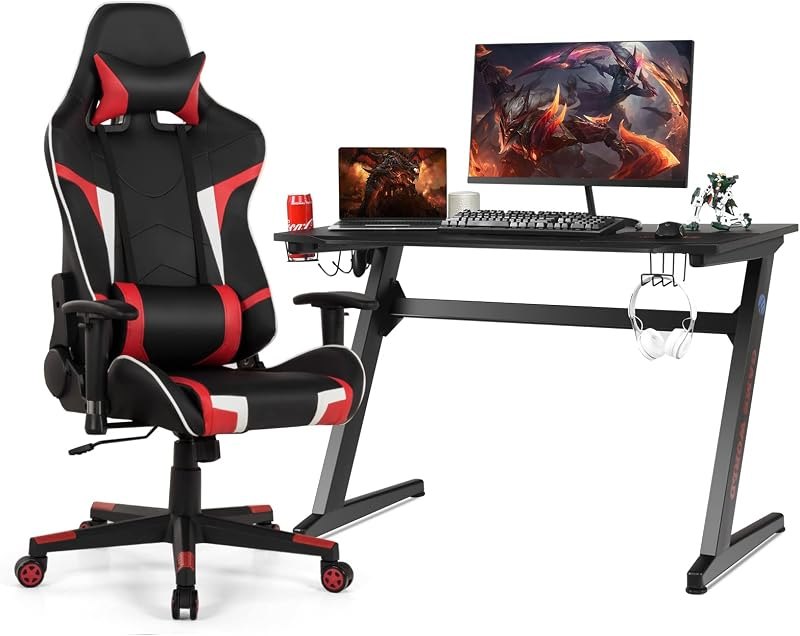 GYMAX Gaming Chair, Massage Gaming Chairs for Adults with Headrest, Lumbar Support & Armrest, Video Computer Reclining