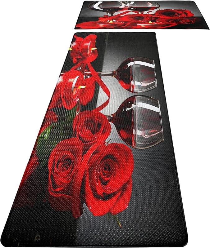 Red Wine Kitchen Rugs and Mats Set of 2 Modern Rose Anti Fatigue Kitchen Floor Mat Non-Skid Washable Kitchen Runner