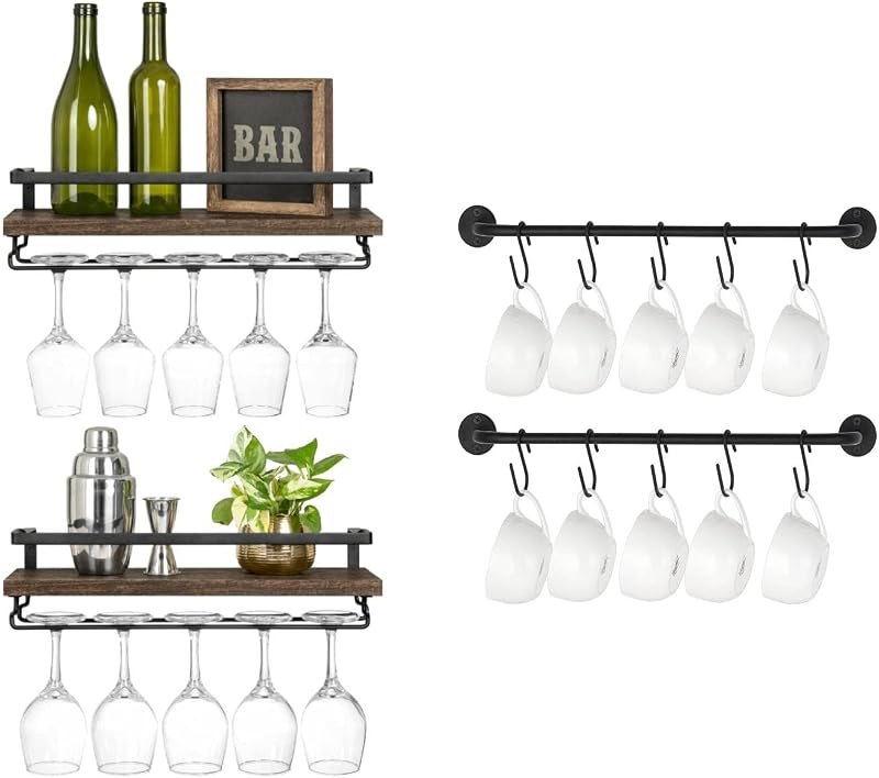 Mkono Wall Mounted Wine Rack Set of 2 Bottle Glass Shelves with Stemware Hanger and Wall Mounted Coffee Cup Rack