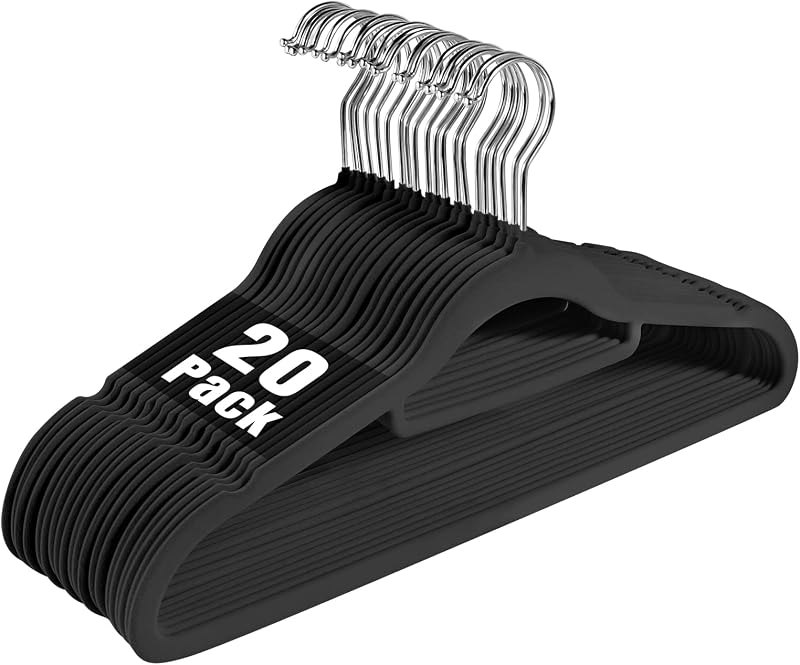 Velvet Non-Slip Hangers, Heavy-Duty Suit Hangers with 360° Swivel Hook for Space-Saving Storage - 20 Pack, Black —