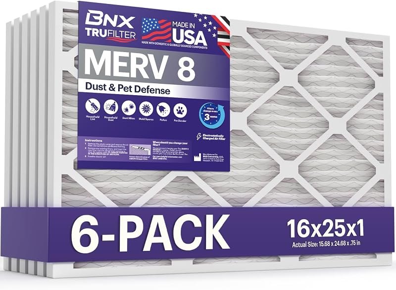 BNX TruFilter 16x25x1 Air Filter MERV 8 (6-Pack) - MADE IN USA — merv 13 filter 16x25x1 for merv filter 16x25x1