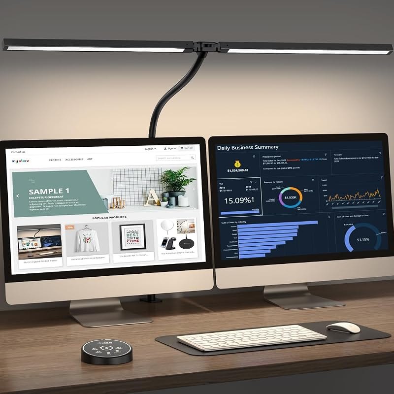 Pzloz Led Desk Lamp for Office Home - Eye Caring Architect lamp with Clamp,Dual Screen Computer Monitor Work Smart