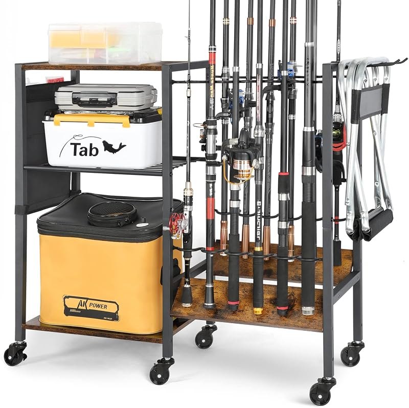 Olakee Fishing Rod Holders, Rolling Fishing Rod Rack for Garage & Boat, Tackle Box & Reel Holder Cart, Easy Assembly