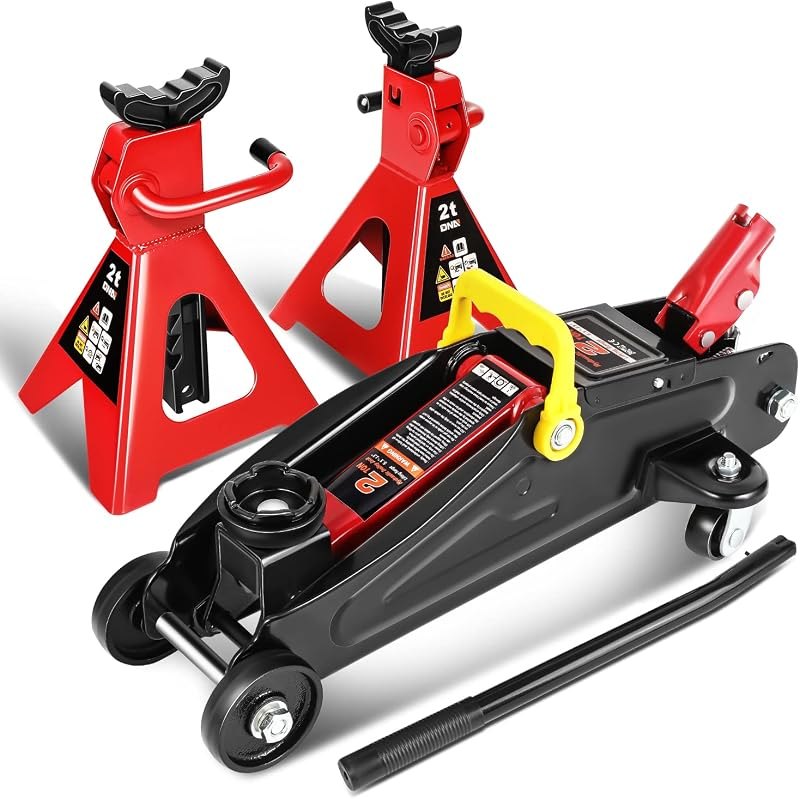 DNA Motoring 2 Ton Car Jack and Stands Kit Red/Black — Jack stands, drain pans, and creeper for jack stands drain pans