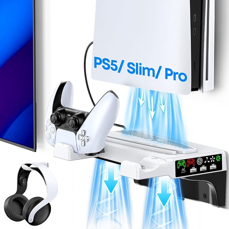 PS5/Slim/Pro Wall Mount Kit with Cooling Fan & Charging Station, PS5 Shelf Floating Mount for All PlayStation
