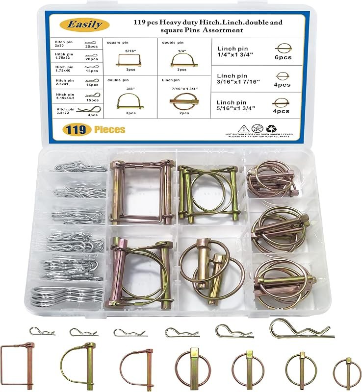 Hitch Pin Clip Pins 119Pcs - Linch and PTO Pins for Trailers Tractors Trucks Towing Mowing, Farm Equipment, Snow