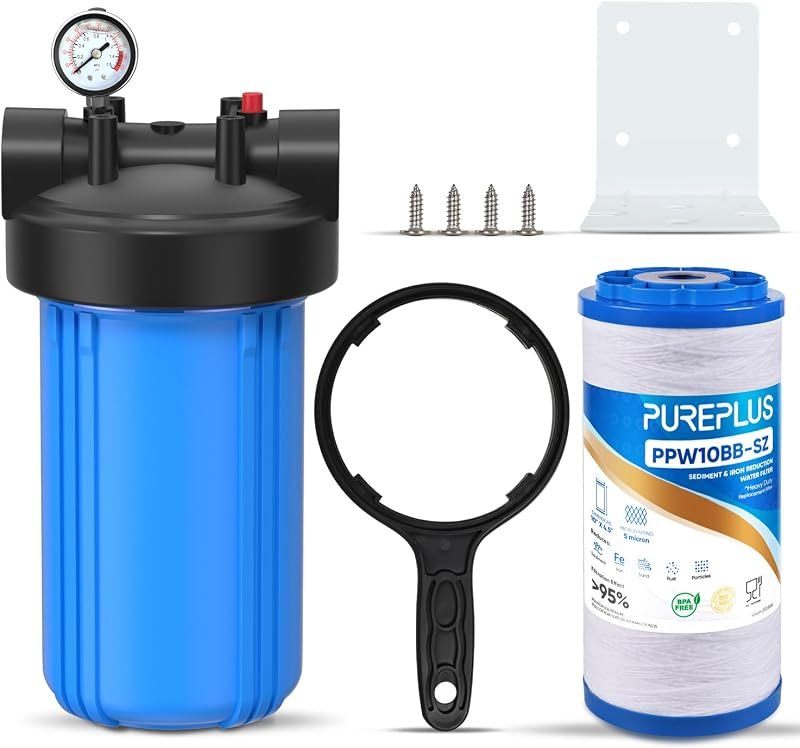 PUREPLUS 1-Stage Whole House Water Filter System, Iron & Manganese Reduce — well resin cleaner for solar salt pellets
