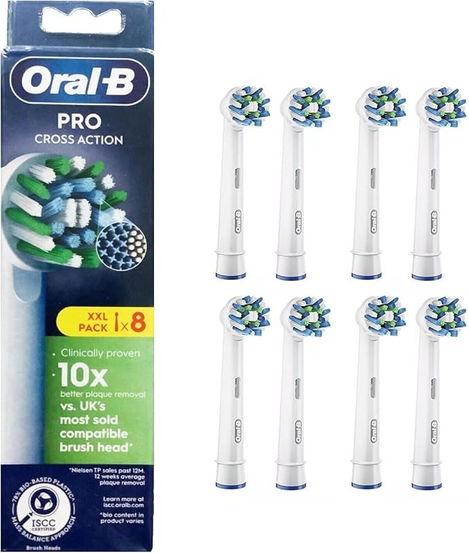 Oral-B Pro Cross Action Electric Toothbrush Head, X-Shape and Angled Bristles for Deeper Plaque Removal, Pack of 8