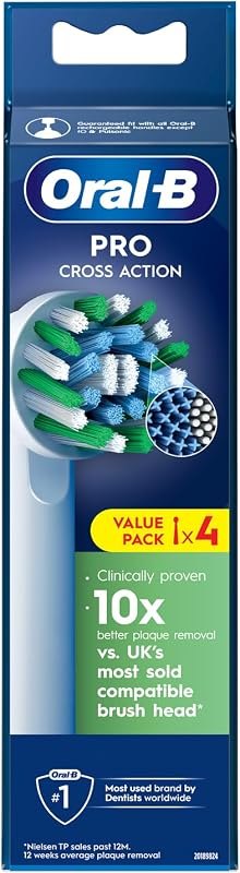 Oral-B Pro Cross Action Electric Toothbrush Head, X-Shape and Angled Bristles for Deeper Plaque Removal, Pack of 4