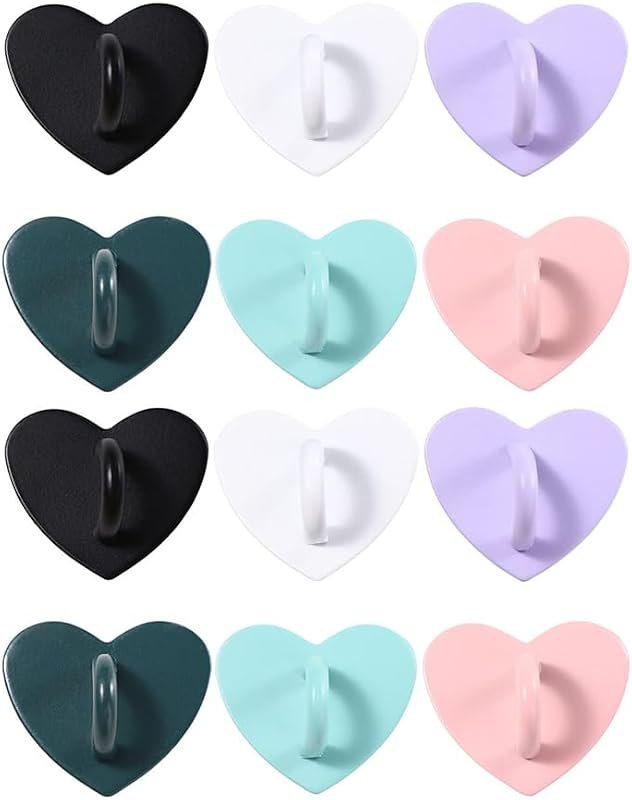 12PCS Cell Phone Finger Ring, Clasps Hooks, Phone Finger Grip Heart Shaped Cell Ring Holder, Adhesive Metal Heart