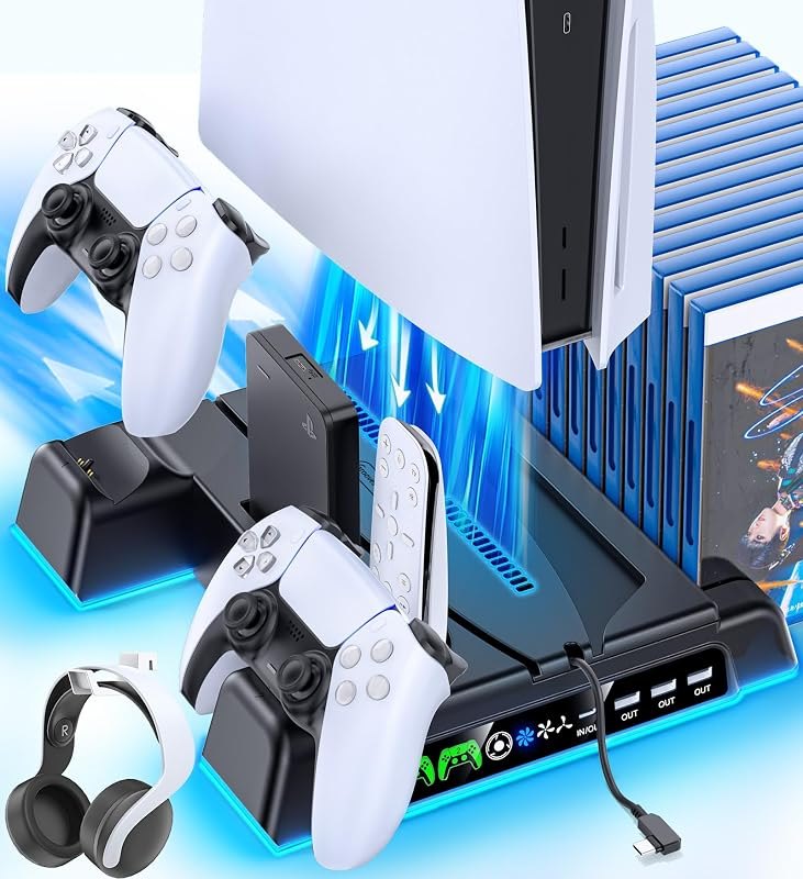 PS5/ Slim/Pro Stand for Disc & Digital Console, PS 5 Cooling Station with Dual Controller Charging Station for
