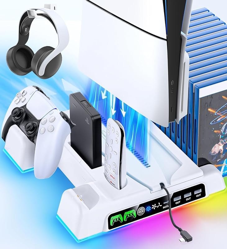 Cooling Stand for PS5/ Slim/Pro Disc & Digital Console, PS5 Cooling Station with Dual Controller Charging Station for