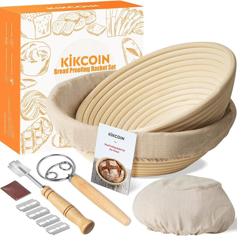 Kikcoin 9" & 10" Banneton Bread Proofing Basket Set, Round Banneton Basket for Sourdough Baking, Baking Supplies with