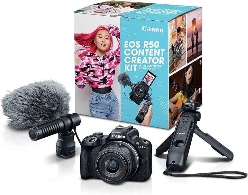 EOS R50 Content Creator Kit, Hybrid Mirrorless Camera with RF-S18-45mm F4.5-6.3 IS STM Lens, Tripod Grip, Microphone