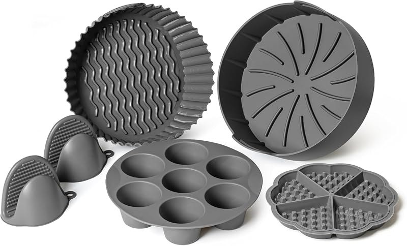EM Set of 5 Silicone Air Fryer Liners with Egg Bite Mold, Waffle Mold & Mitts - 7.5” Round Reusable Silicone Inserts
