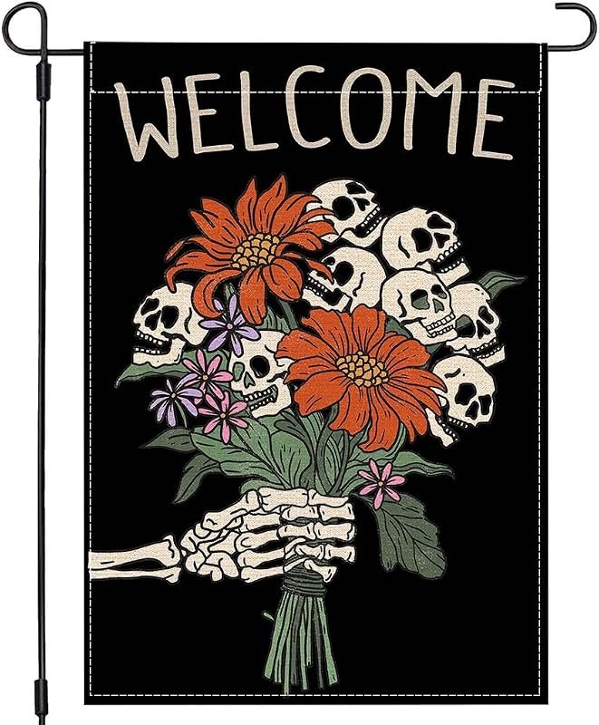 PANDICORN Halloween Garden Flag 12x18 Inch Double Sided Welcome Skull Flower Skeleton Gothic Spooky Halloween