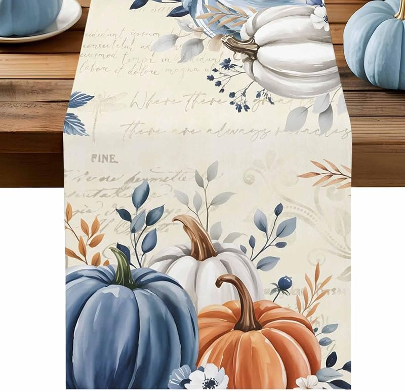 Fall Table Runner 13x70 Inches Long Blue Pumpkin Table Runners Floral Leaves Cotton Linen Autumn Harvest Dresser Scarf