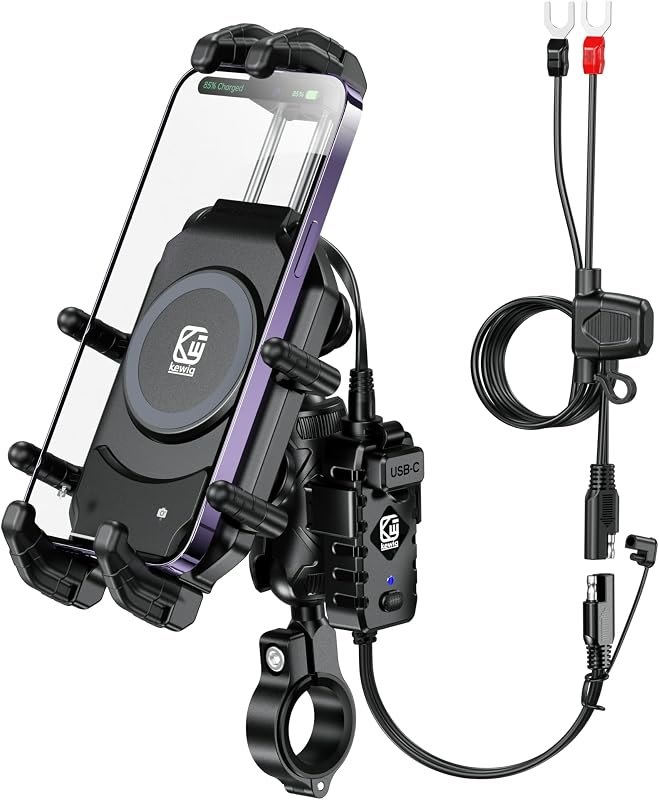 Motorcycle Phone Mount with Qi Wireless & USB-C Charger