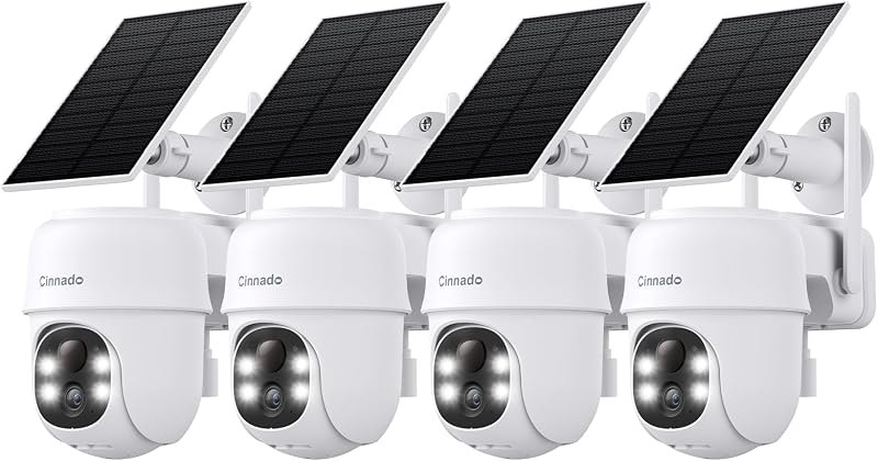 Cinnado 2K Outdoor Cameras for Home Security Solar Powered White B6 4 Pack — 360 Degree Cameras that store your m for