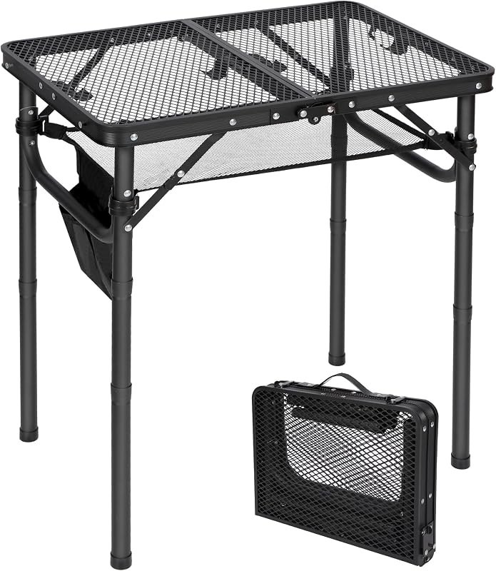 Small Folding Grill Table for Outside, 3 Heights Adjustable Lightweight Portable Metal Aluminum Outdoor Grill Table