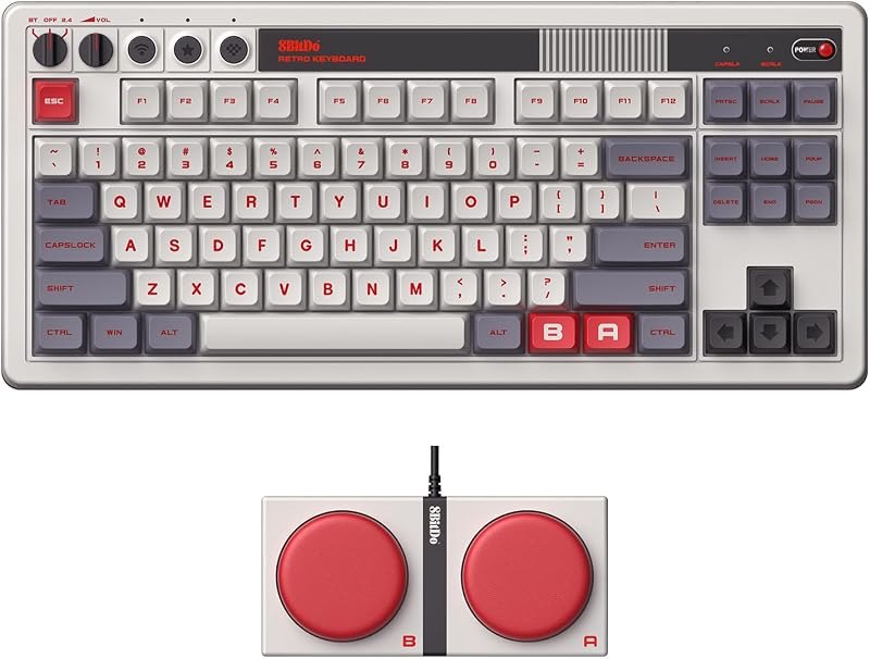 8Bitdo Retro Mechanical Keyboard, Bluetooth/2.4G/USB-C Hot Swappable Gaming Keyboard with 87 Keys, Dual Super