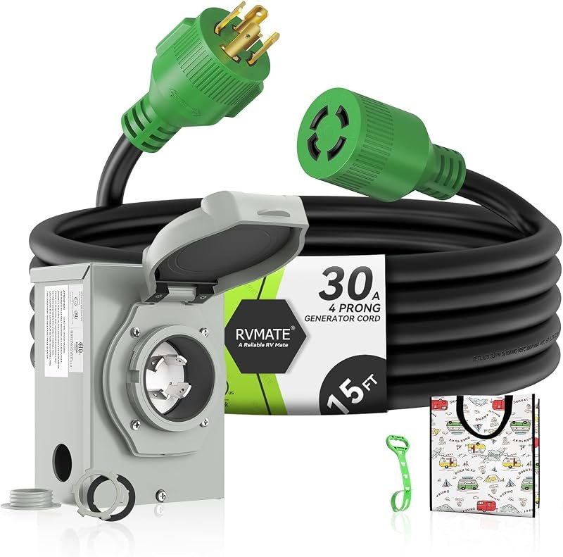 RVMATE 4 Prong 30 Amp Generator Cord (15FT) and Pre-Drilled Power Inlet Box — generators generator cord for generators