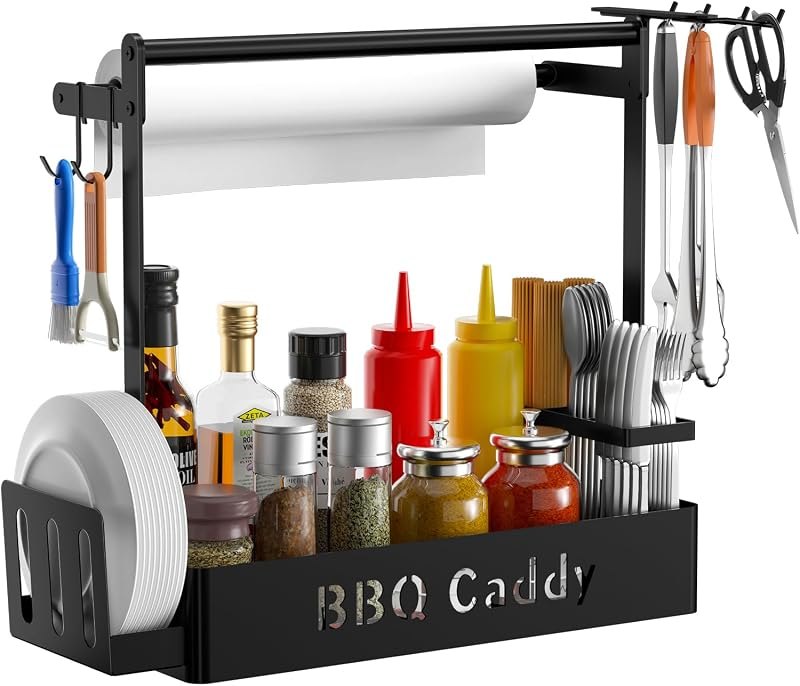 Grill Caddy for Outdoor Grill, BBQ Caddy with Paper Towel Holder & 4 Hooks — bbq desk holder for bbq desk holder