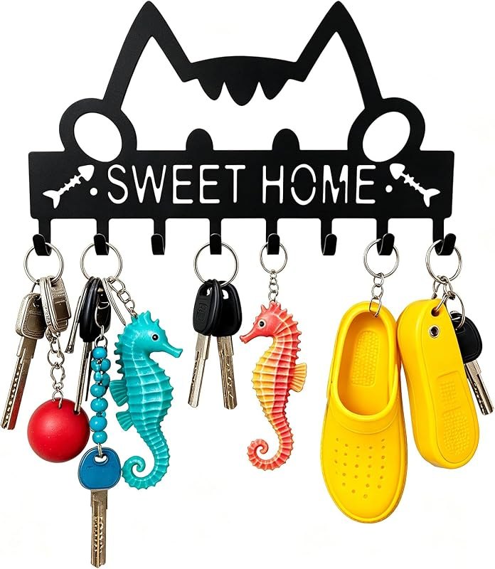 8 Hooks Entryway Wall Key Holder, Metal Key Rack Wall Mount for Keys, Bags and Leashes, Decorative Organizer for