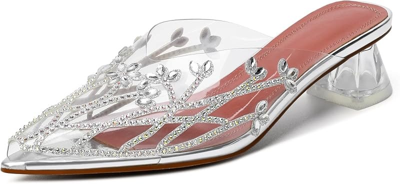 Women's Clear Mule Sandals Pointed Toe Slingback Heels Rhinestone Heels Pumps Wedding Shoes — low block heel mules for