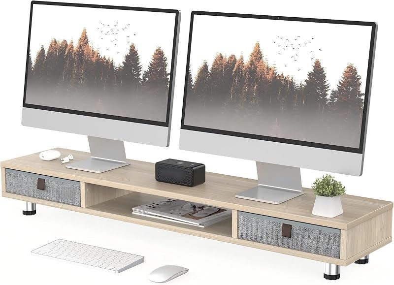Fenge Dual Monitor Stand, 2-Tier Desk Organizer with Drawers, 42.5in, Oak — monitor shelf riser for monitor shelf riser