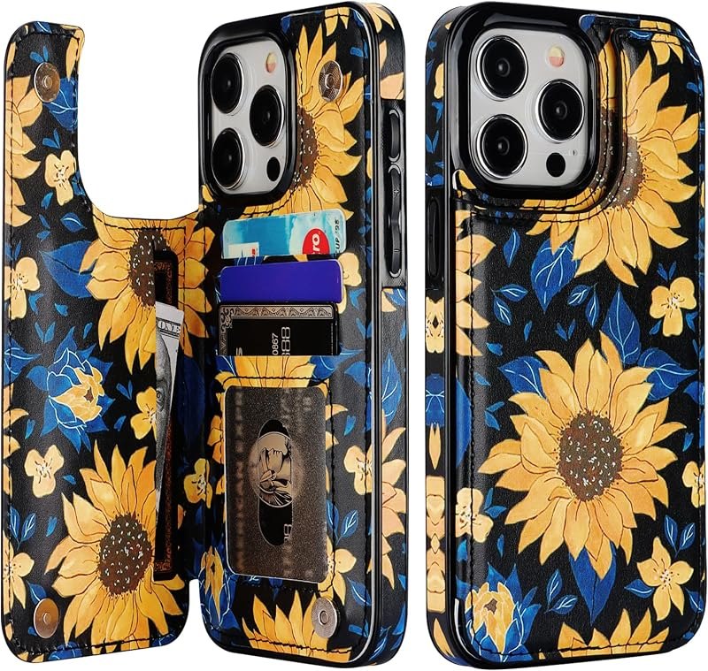 HAOPINSH Wallet Case Card Holder for iPhone 15 Pro Max,Blooming Sunflowers — wallet case for iphone pro accessories