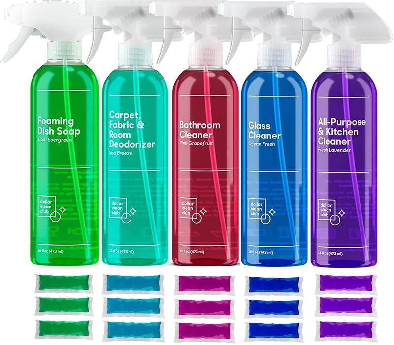 Complete Home Cleaning Kit - 15 Refill Pods and 5 Reusable Spray Bottles - Kitchen, Bath, Glass, Carpet and Foaming