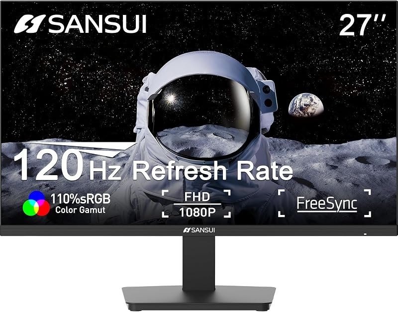 SANSUI 27 Inch Monitor,120Hz Computer Monitor Full HD 1920 x 1080P with HDMI DP Ports, 4000:1 Contrast, 110% sRGB, Eye