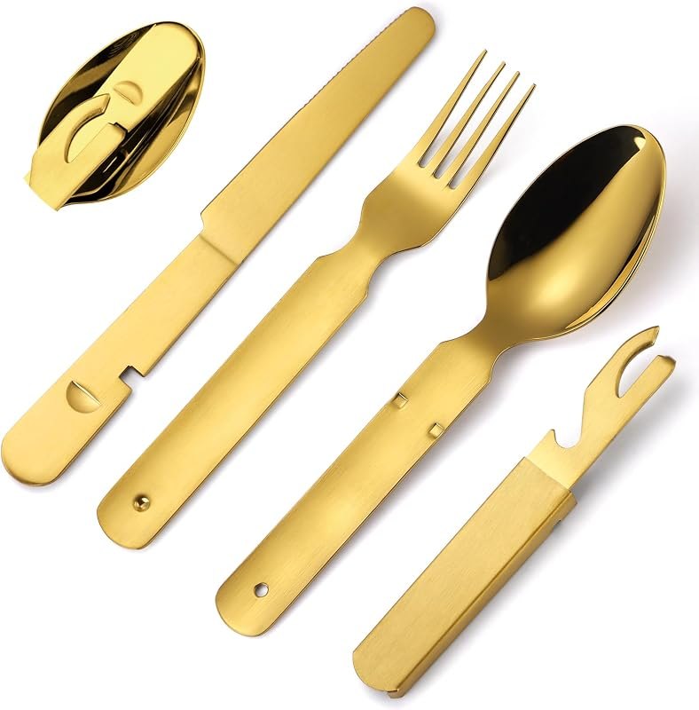 Picnic Silverware Gold Camping Cutlery Fork Knife Spoon Bottle Opener 4 Pieces Flatware Utensil Kit Foldable for