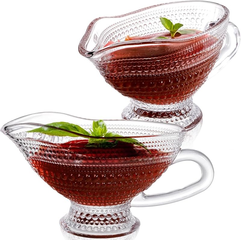 ZOOFOX 2 Pack 12 oz Glass Gravy Boat, Crystal Gravy Bowl with Easy-Pour Spout and Handle, Vintage Embossed Serving