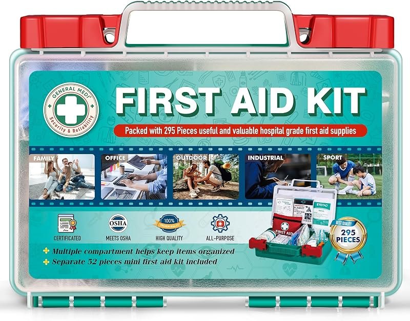 General Medi 295 Pieces Professional First Aid Kit - HardCase First Aid Box - Contains Premium Medical Supplies for