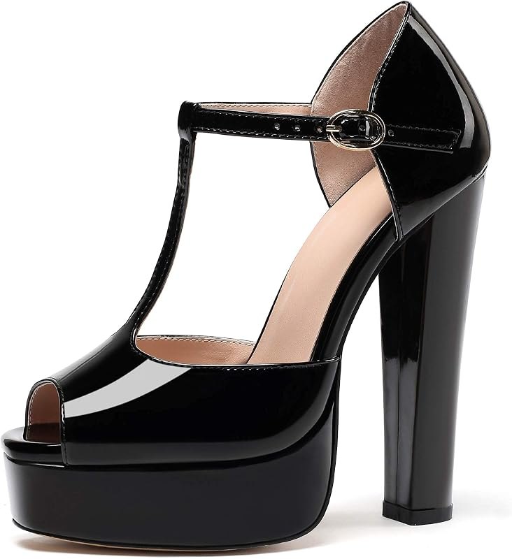 Women's Platform Chunky High Heels Ankle T Strap Square Peep Toe Sandals Party Dress Casual Shoes 6 Inches — heels