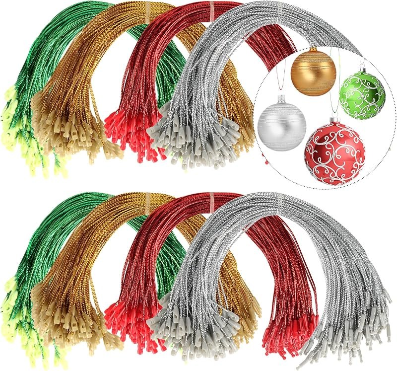 800Pcs Christmas Ornament String Hangers, Gold Silver Red Green Christmas Ornament Rope with Snap Fasteners Christmas