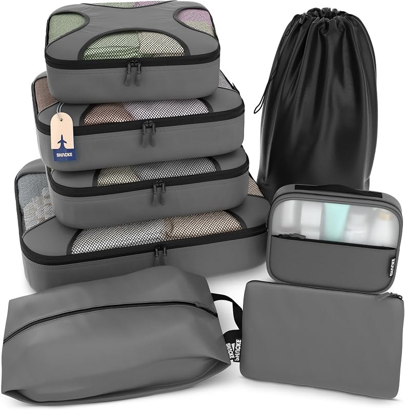 Shacke 8 Set Packing Cubes for Travel, Shoe & Toiletry Bags (Dark Grey) — Packing cubes, bottles, and travel a for