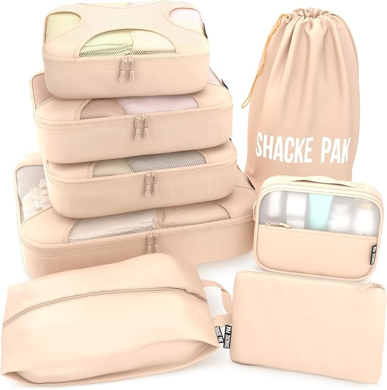 Shacke 8 Set Packing Cubes for Travel, Shoe & Toiletry Bags (Cream) — Packing cubes, bottles, and travel a for packing