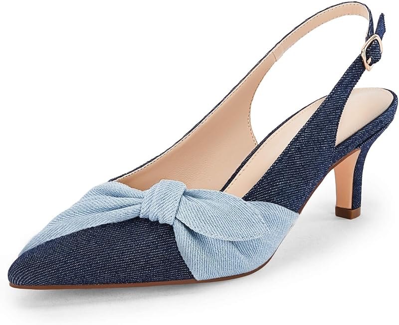 Womens Bow Heels Slingback Pumps Low Kitten Heels Closed Pointed Toe Sandals Denim Dress Shoes — slingback heels for