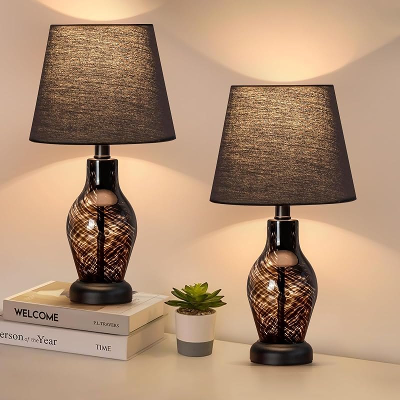 ONEWISH Small Bedside Table Lamp Set of 2, Wine Bottle Shape Glass Body, Warm Ambient Lighting, Bulb Included, 14"