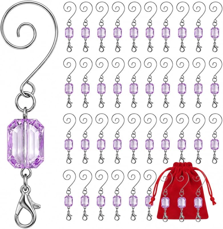 BANBERRY DESIGNS Christmas Ornament Hooks, Light Purple Acrylic Gem Silver Wire Hooks, Pack of 40 Decorative Ornament